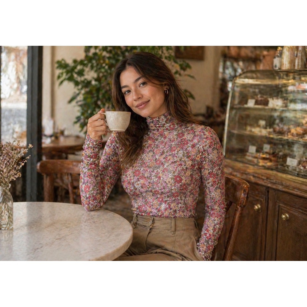 HM Floral Ribbed Turtleneck Bodysuit Long Sleeve Pink Orange XXL NWT